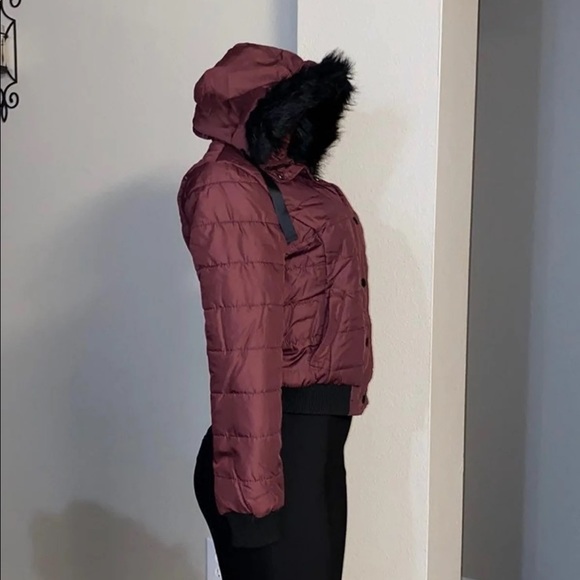 New J2 by JOU JOU Hooded Puffer Jacket in Burgundy - Picture 3 of 11